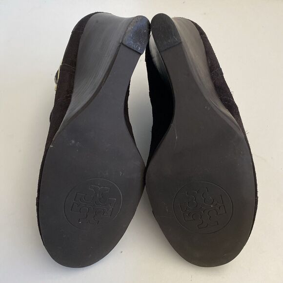 Tory Burch Adrienne Ankle Boot Bootie Brown Suede Gold Buckle Wedge Heel… - Picture 9 of 9